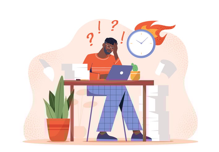 Illustration of overwhelmed employee at desk surrounded by paperwork and a flaming clock.