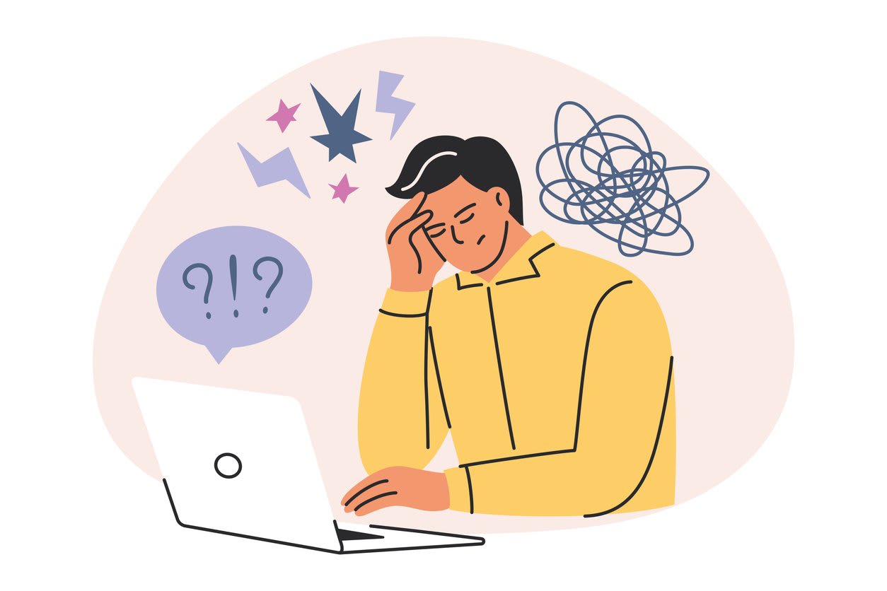 Cartoon man with stress, overwork, and frustration at computer. 