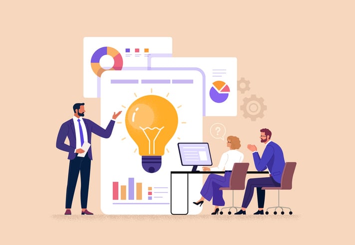 Illustration of a professional presenting charts and ideas to a team, symbolizing proven techniques for grabbing audience attention during speeches.