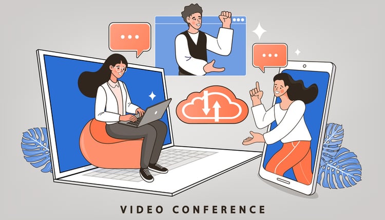 Illustration of people engaging in a video conference via laptop and smartphone, with speech bubbles and cloud sync icon