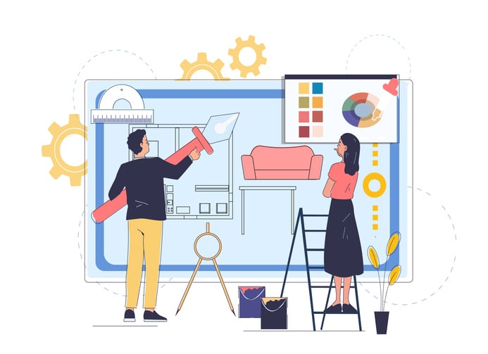 Illustration of two designers customizing a floor plan with furniture and color palettes.