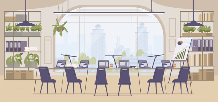 Modern conference room with a long table, laptops, presentation board, and city view.