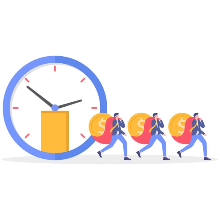 Businesspeople with superhero capes carrying coins in front of a clock, symbolizing time theft and the value of time at work.