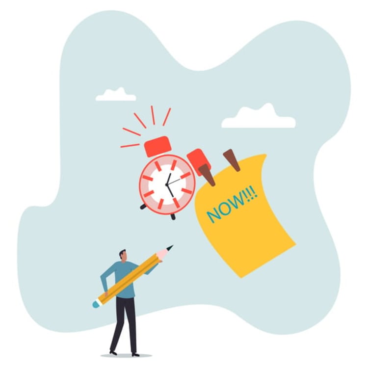 Person holding alarm clock and oversized pencil beside urgent sticky note, representing popular work timer tools for boosting productivity and meeting deadlines.