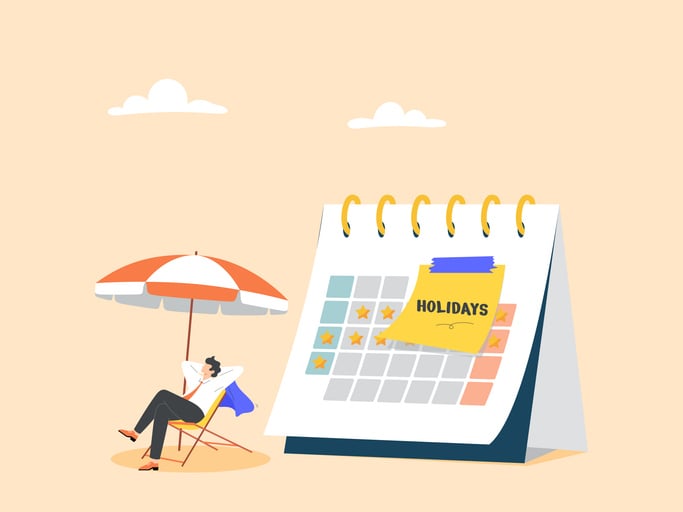 Illustration of person relaxing under beach umbrella beside a calendar marked with holidays.
