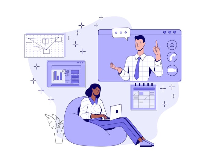 Illustration of remote meeting with participants using laptops and smartphones, surrounded by charts, calendar, and chat icons