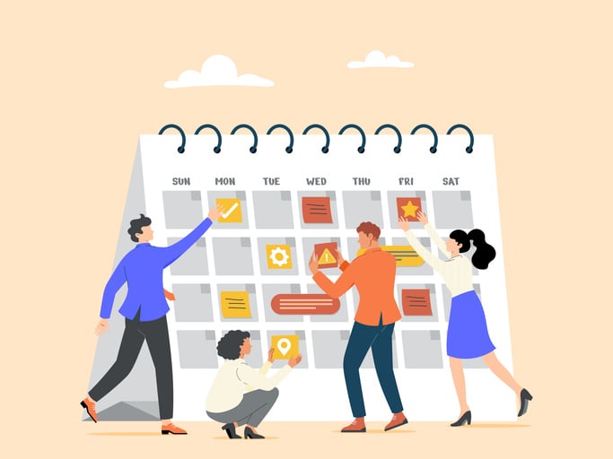 Illustration of team organizing a large calendar with icons and notes.