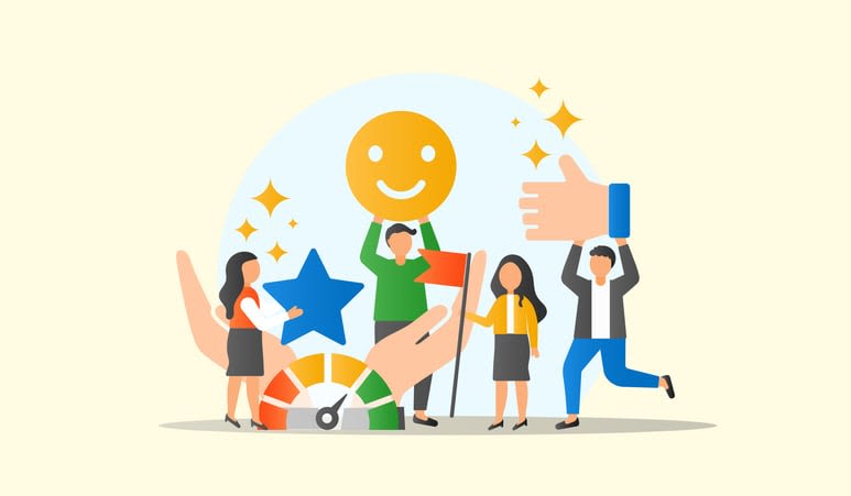 Team celebrating with stars and satisfaction meter, representing effective performance management methods and employee recognition.