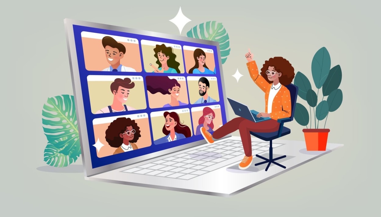 Illustration of diverse participants in a video call on a laptop screen, with chat bubbles and digital icons.
