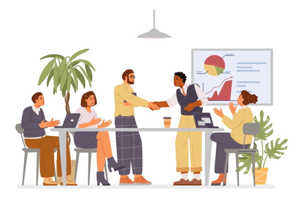 Illustration of professionals in office setting reviewing charts and shaking hands.