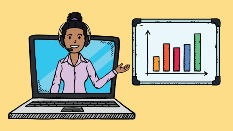 Woman presenting data on a laptop screen with webcam view and bar graph, illustrating simultaneous screen and webcam recording for virtual presentations.
