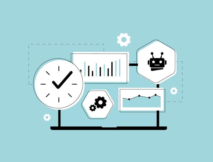 Illustration of a laptop screen displaying automation icons like charts, gears, and a robot.