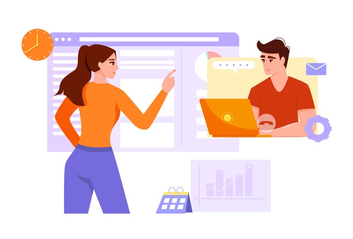 Illustration of two professionals collaborating in a digital workspace with charts, speech bubbles, and productivity icons, representing strategies to maximize Google Meet sessions for effective communication and team efficiency.