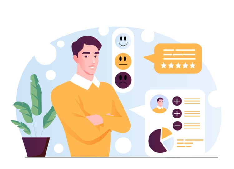 Confident employee with feedback icons and rating charts, representing key objectives of performance management and employee evaluation.