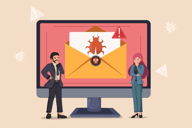 Computer screen with envelope and bug icon, surrounded by warning symbols and concerned users, representing signs of Business Email Compromise (BEC) attacks.