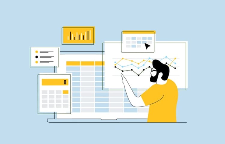 Person analyzing charts, calendar, and checklist on digital dashboard, illustrating reporting and exporting of attendance data for business insights and planning.
