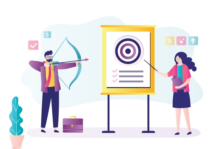 Illustration of professionals aiming at target with checklist and business icons—symbolizing strategic goal-setting, performance tracking, and the process of defining effective KPIs for business success.