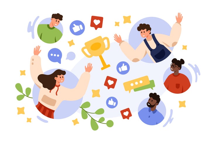 Illustration of users celebrating around a trophy with likes, hearts, and chat icons, symbolizing how to choose the best Discord alternative for building engaged and thriving online communities.