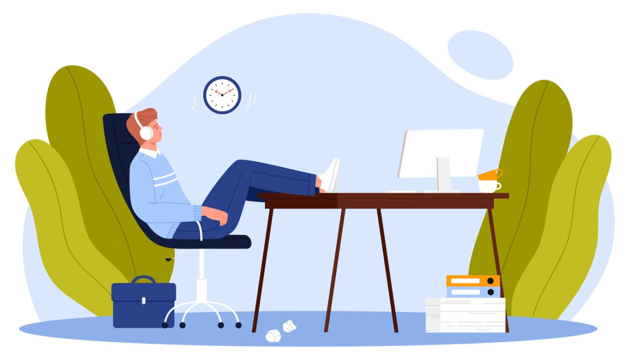 Relaxed worker at desk with clock and laptop, symbolizing idle time, timers, and productivity detection.