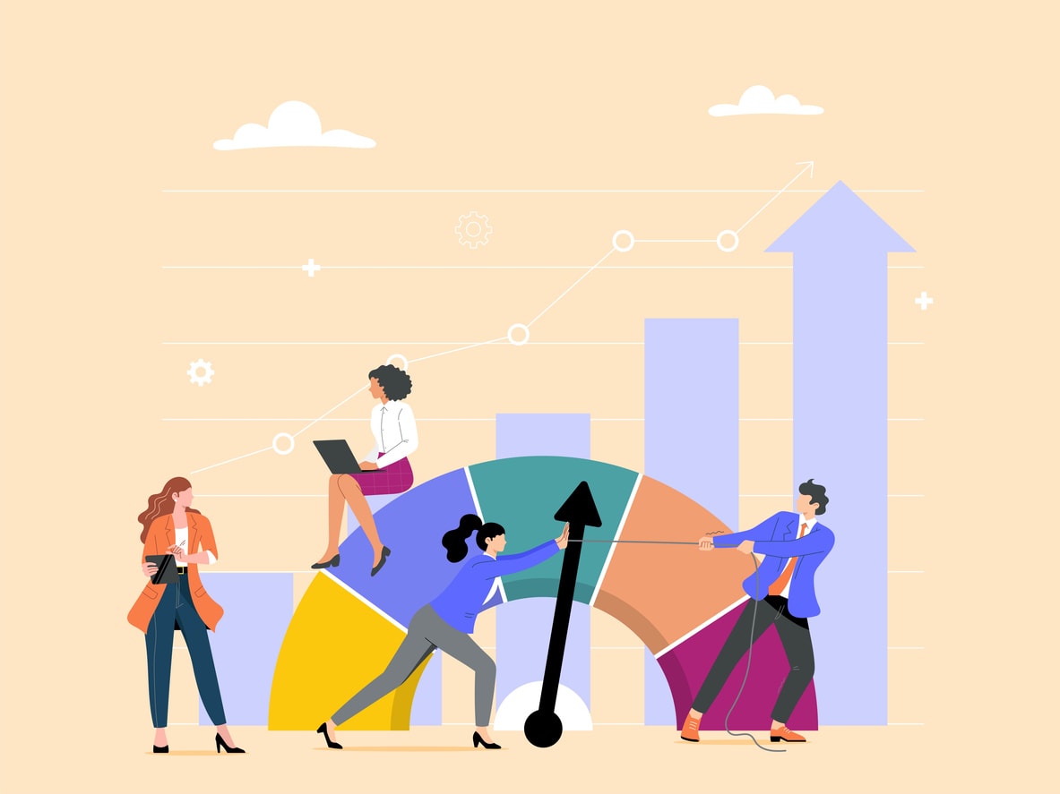 Team interacting with performance charts and gauge, representing performance management systems and software for managers.