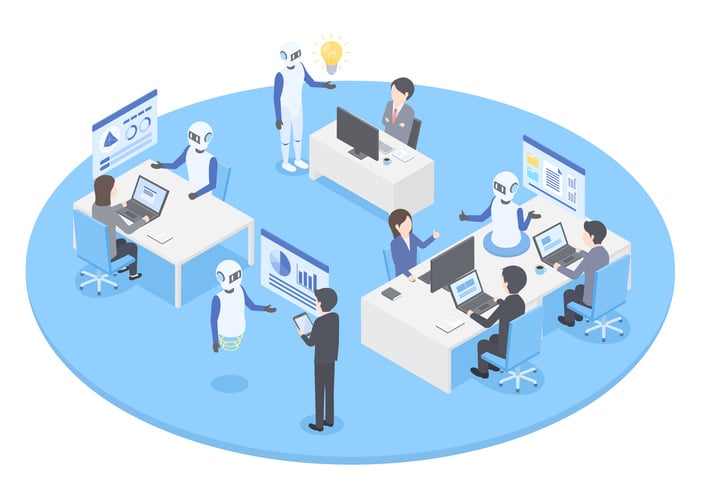 Futuristic office scene with humans and robots collaborating at desks surrounded by digital screens.