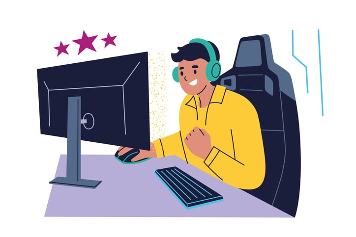 Illustration of excited gamer at desk with headphones, computer, and celebratory stars, symbolizing tips and tricks for achieving high scores through strategy, focus, and optimized gameplay.