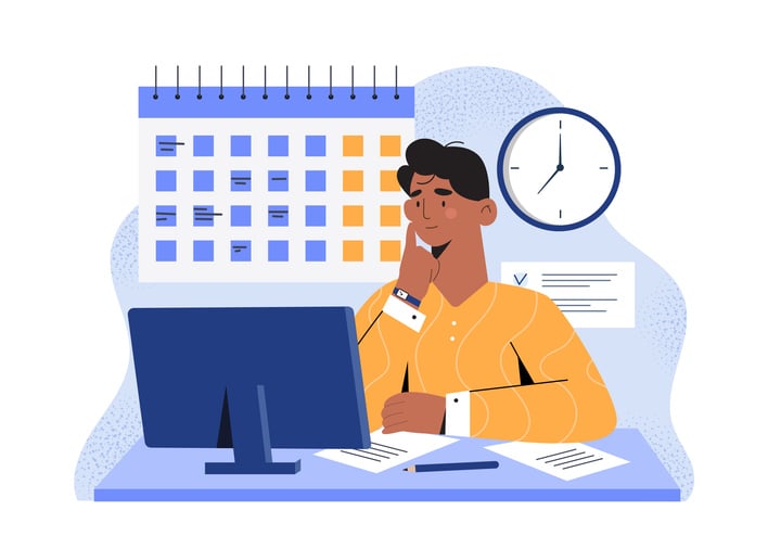 Illustration of person planning at desk with calendar and clock.