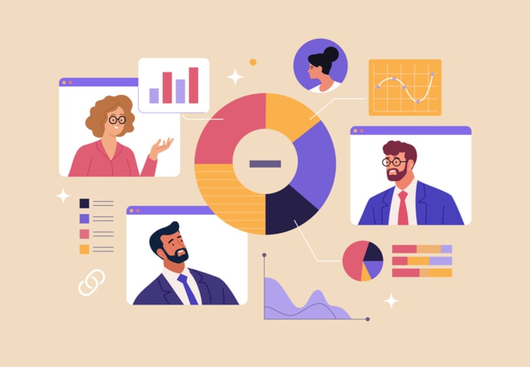 Virtual team meeting with charts and graphs, illustrating strategies to reduce idle time and boost productivity.