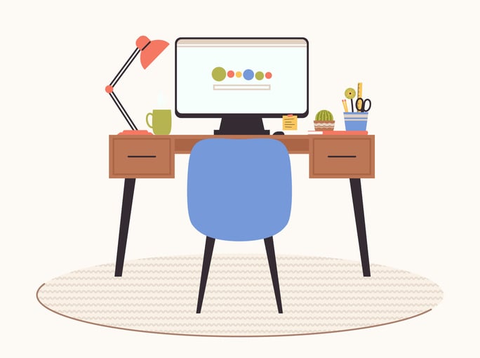 Illustration of organized home office with computer displaying search interface, desk accessories, and Google-style icons