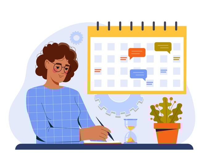 Illustration of person planning with calendar, sticky notes, and clock.