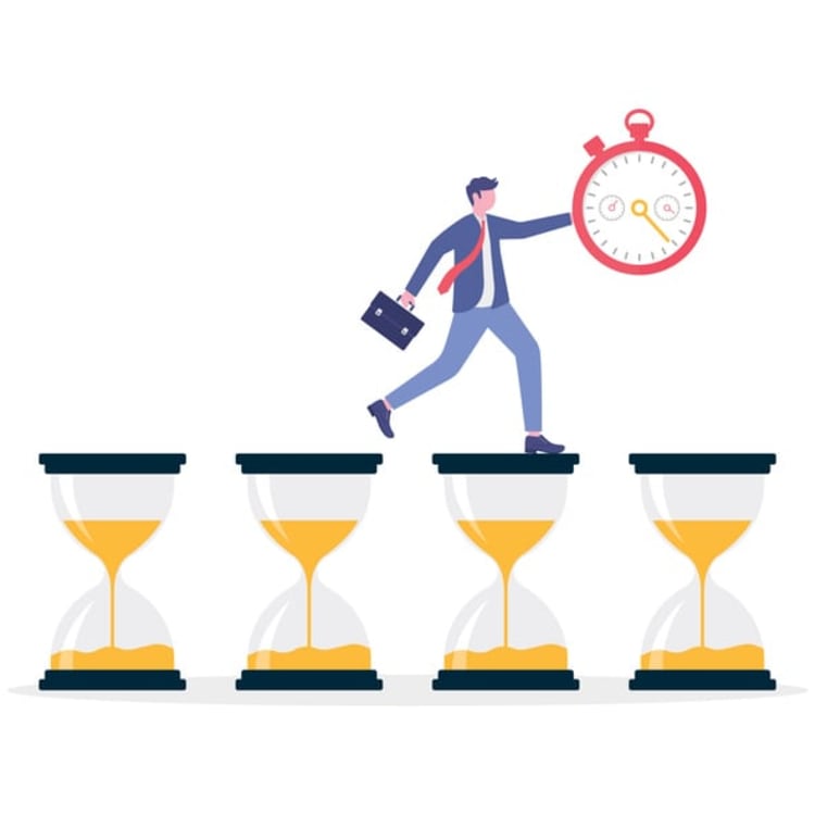 Businessperson stepping across hourglasses with stopwatch in hand, symbolizing preventing time theft and improving workplace time management.