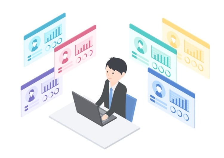 Business professional analyzing multiple colorful data dashboards with charts and profile icons, symbolizing behavioral analytics and digital decision-making