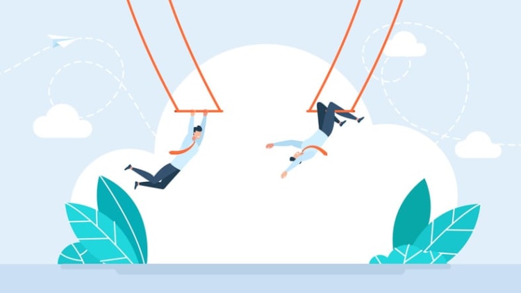 Businesspeople swinging on ropes in the sky, symbolizing dynamic implementation of a performance management system and creative workplace strategies.