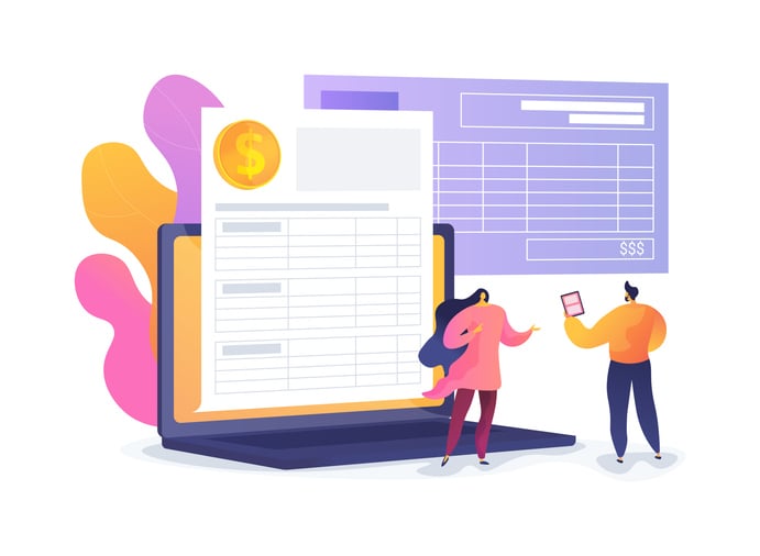 Illustration of team interacting with digital payroll spreadsheets.