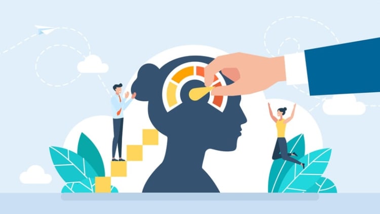 Illustration of head with performance gauge and supportive figures, symbolizing benefits of effective performance management and employee growth.