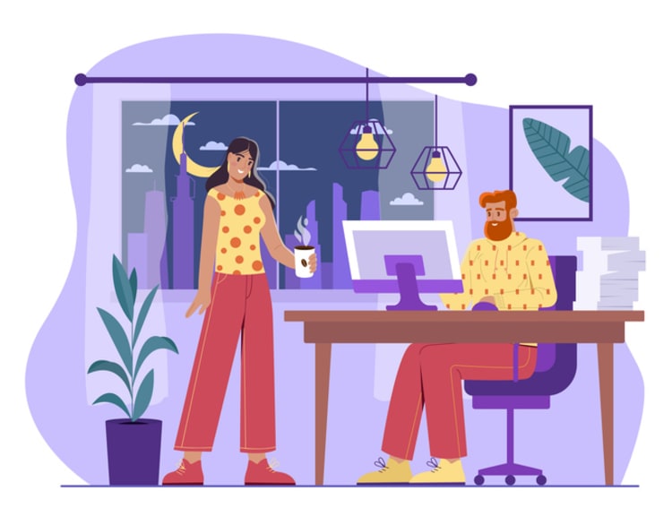 Illustration of two people working late in a cozy office with a nighttime cityscape, symbolizing tracking and managing overtime hours using a time card calculator.