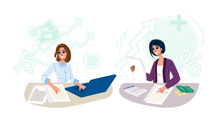 Illustration of professionals comparing financial data with calculators and charts.