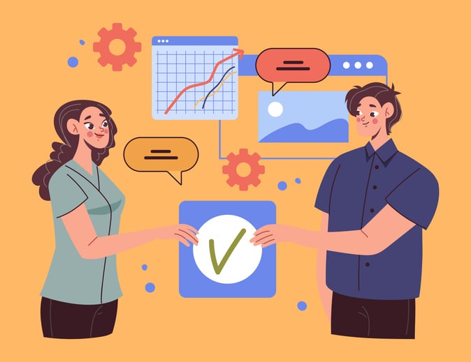 Illustration of two professionals collaborating with charts, speech bubbles, and system icons.