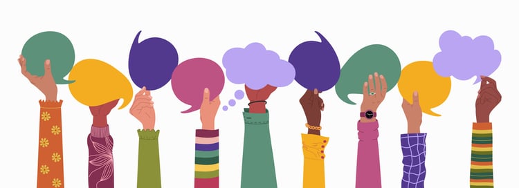 Illustration of diverse hands raising colorful speech bubbles, symbolizing inclusive communication and the importance of choosing a Discord alternative that supports varied voices and community needs.