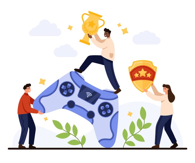 Illustration of cartoon characters celebrating with game controller, trophy, and shield, symbolizing the challenges and rewards of Spacebar Clicker through competitive gameplay and achievement.