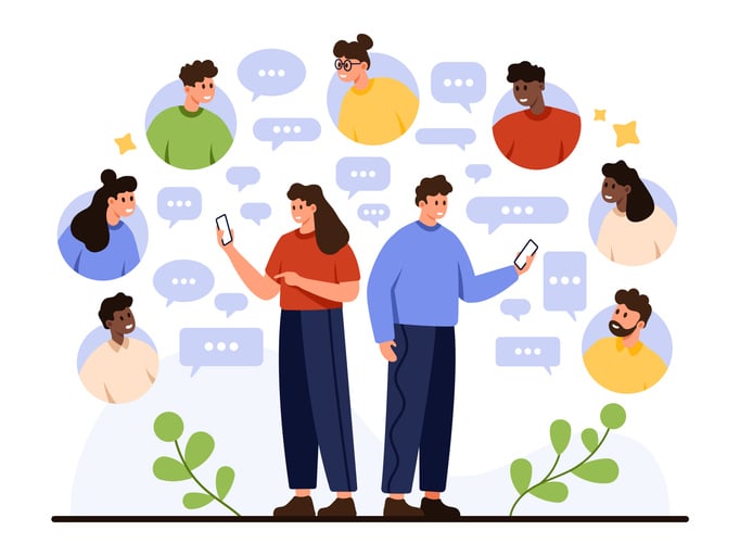 Illustration of users communicating via smartphones with avatars and chat bubbles.