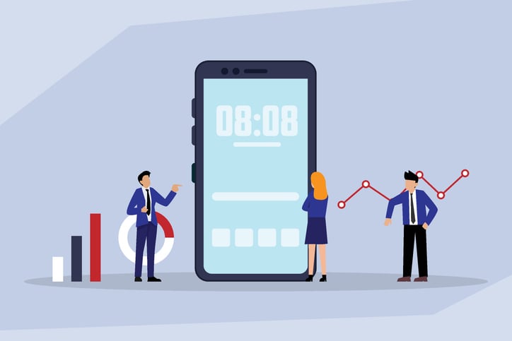 Illustration of professionals interacting with a large smartphone displaying a clock, surrounded by charts and graphs.