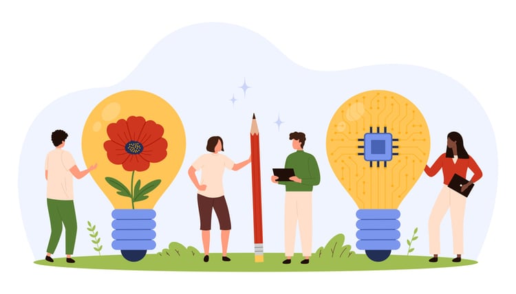Illustration of people engaging with oversized symbols of creativity—light bulbs, pencils, and microchips.
