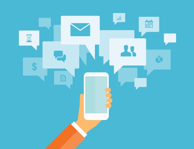 Illustration of smartphone with icons for chat, email, calendar, and analytics, representing essential features to consider in Discord alternatives like messaging, productivity, and user management.