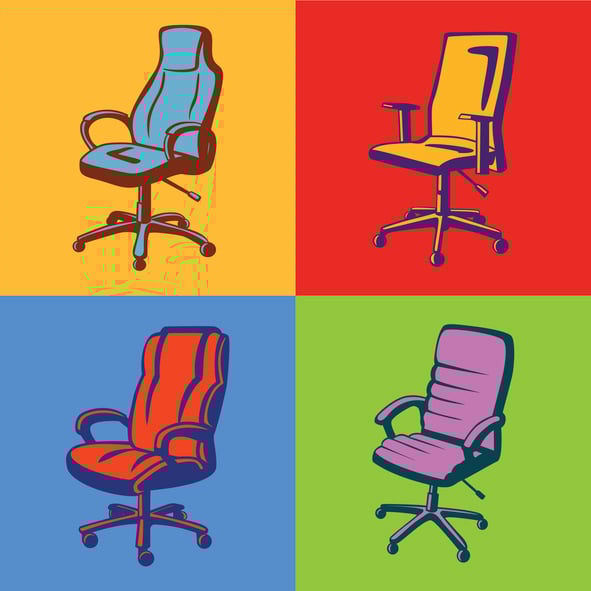 Pop-art style illustration of four ergonomic office chairs in different colors and designs, highlighting top-rated options for comfort, support, and workplace productivity.