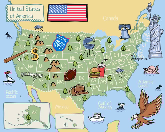 Colorful illustrated map of the United States with state abbreviations and regional icons.