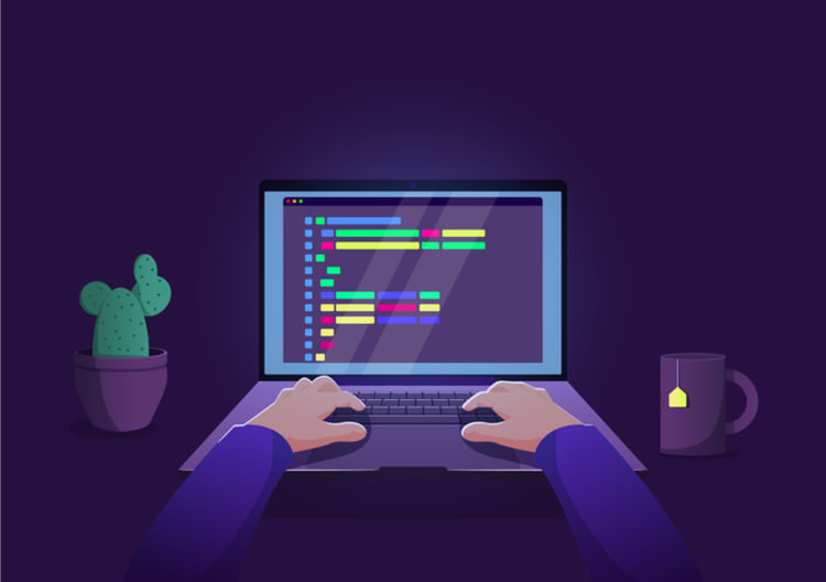 Person typing on laptop with code on screen, representing keystroke logging and digital activity tracking.