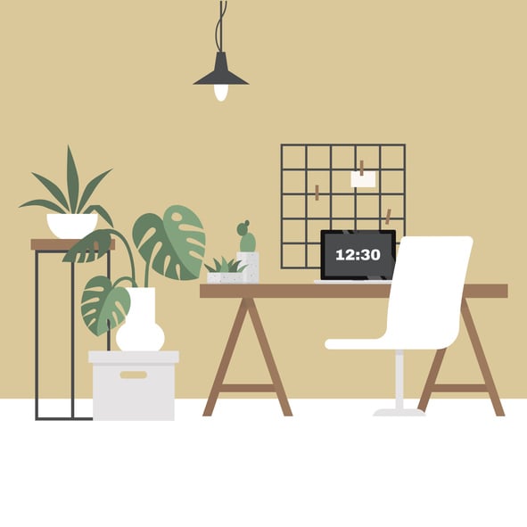 Illustration of minimalist home office with natural light, wooden desk, potted plants, and organized decor.