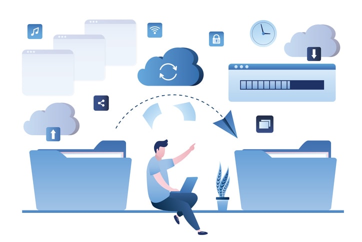 Male character with laptop organizes information in folders