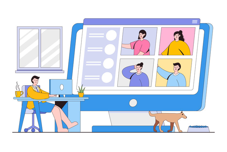 Male office workers in formal shirt and shorts having video call on computer